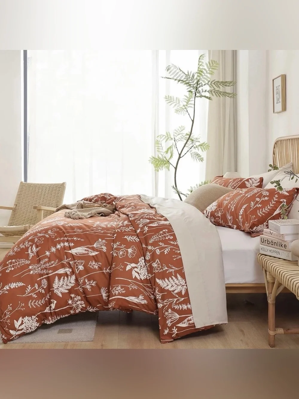 NEW West Elm Red Queen / King Size Comforter Botanical Print Bedding Sham Set